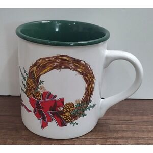 Vintage Christmas Hickory Farms Mug Cup Ceramic Wreath White Green Rustic Korean